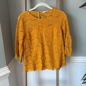 Monteau Mustard Lace Overlay Top 3/4 Sleeves Size Small - 1683